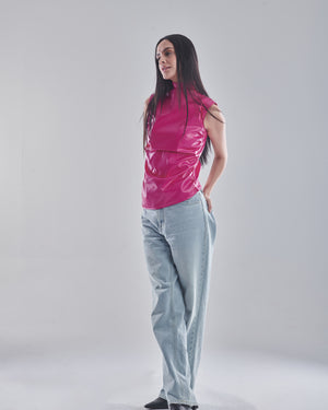 Pleated leather top in fuschia