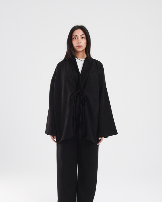 Reimagined kimono in black suede