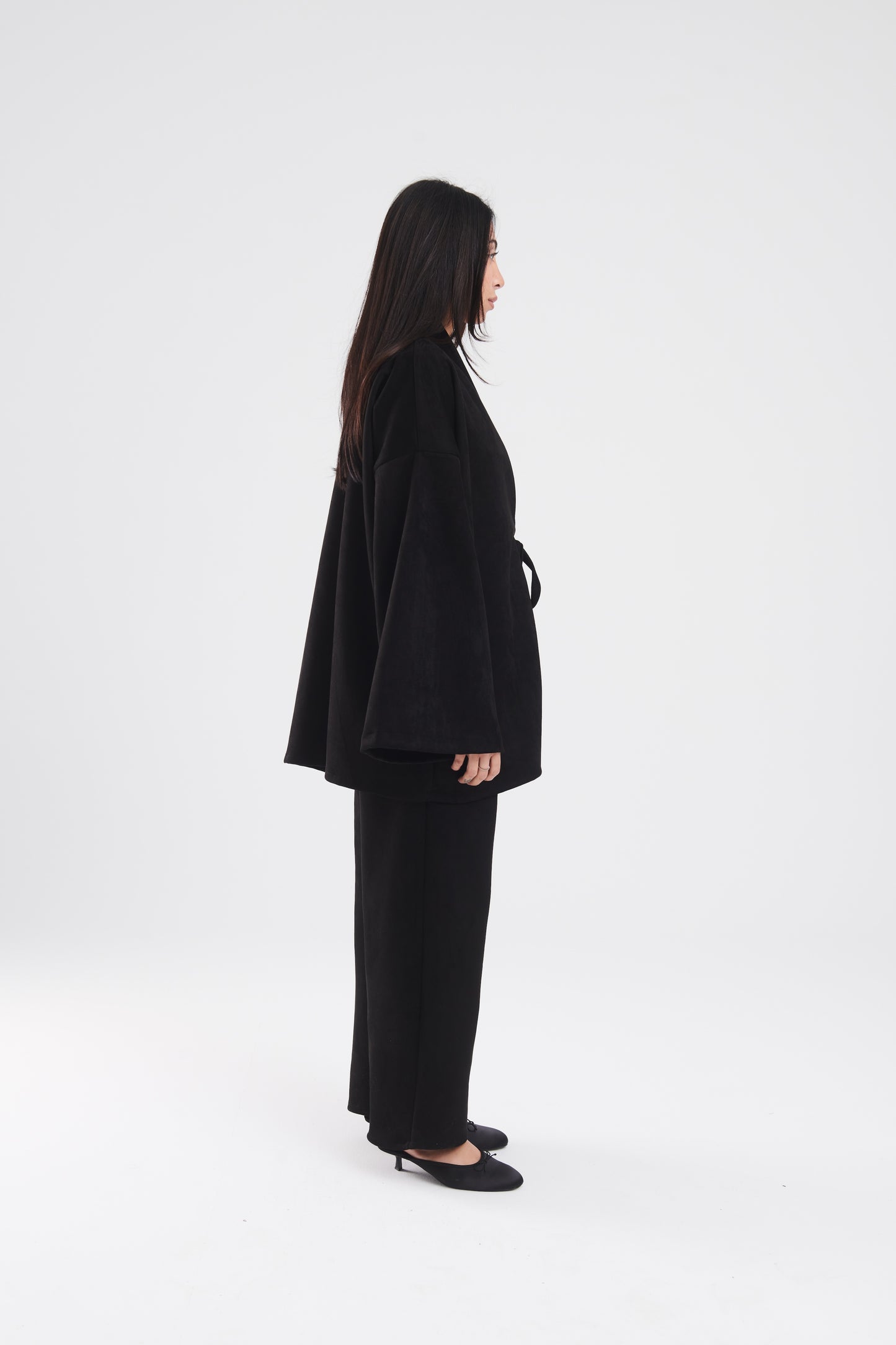 Reimagined kimono in black suede