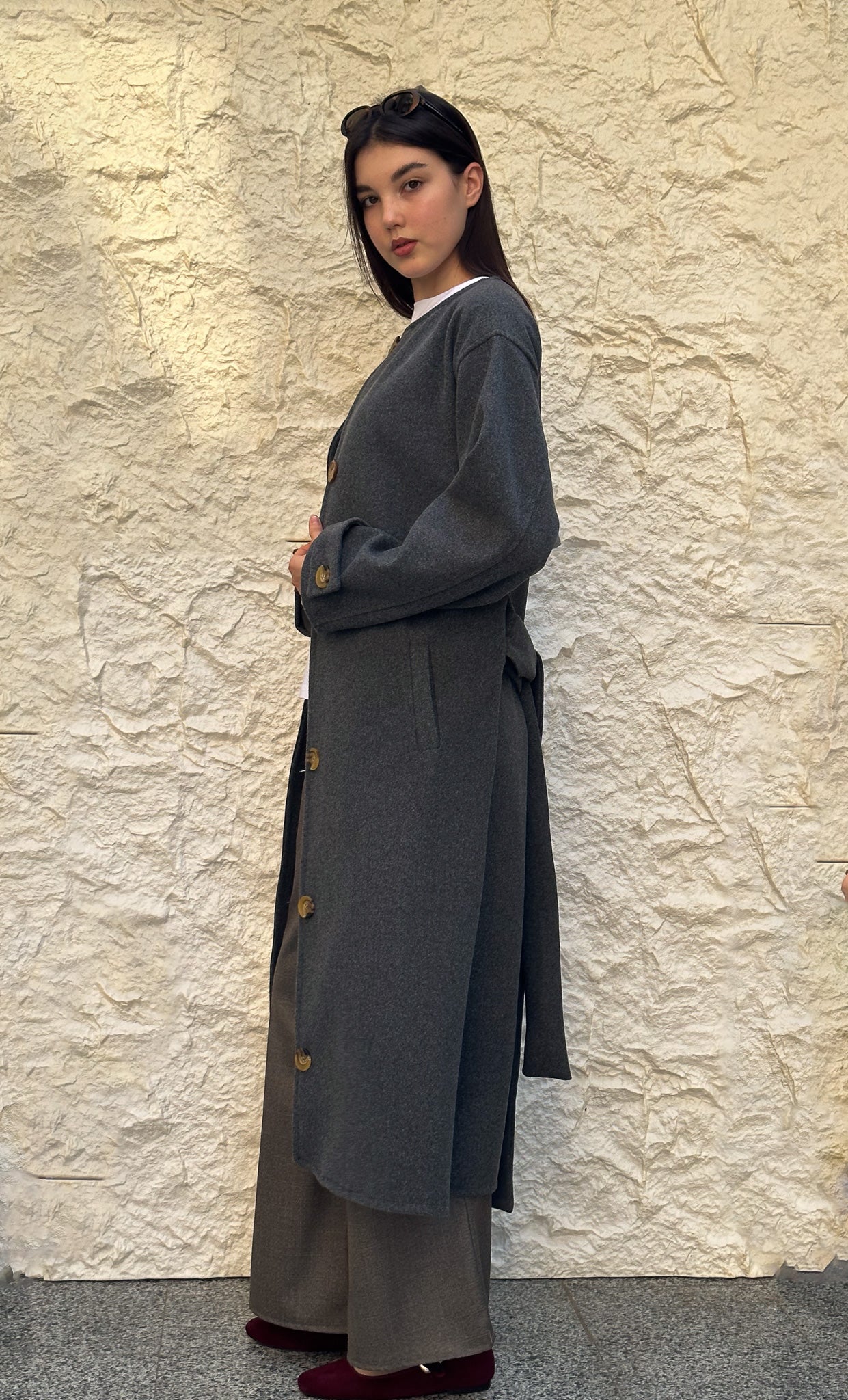 Oversized collarless coat in grey