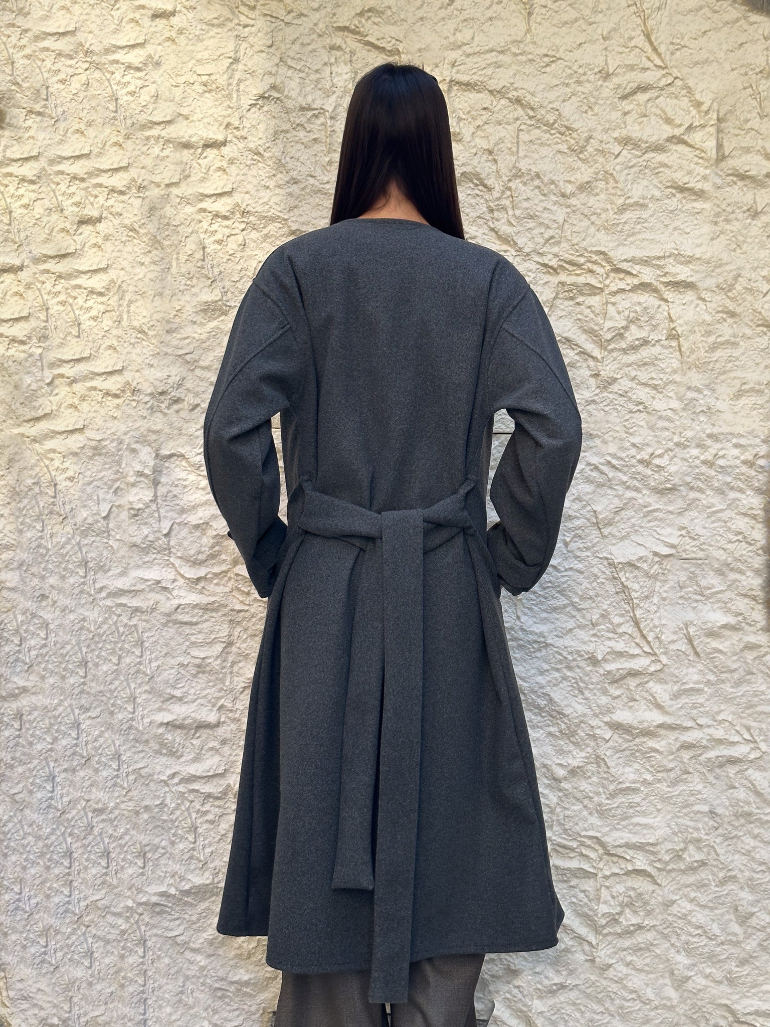 Oversized collarless coat in grey