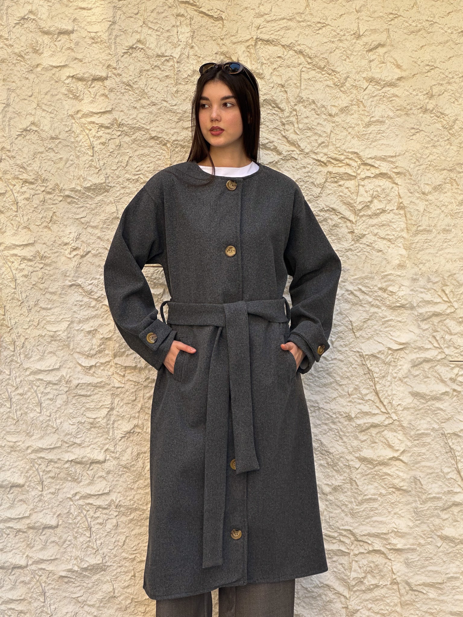 Oversized collarless coat in grey