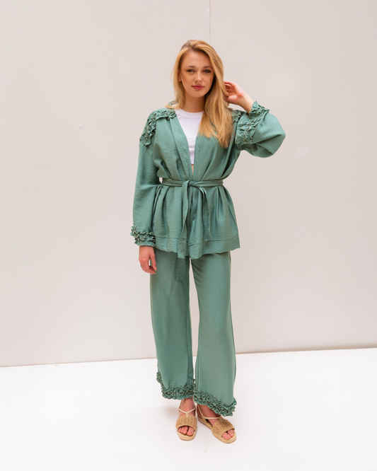 Ruffle kimono set in Turquoise (Kimono + Pants)